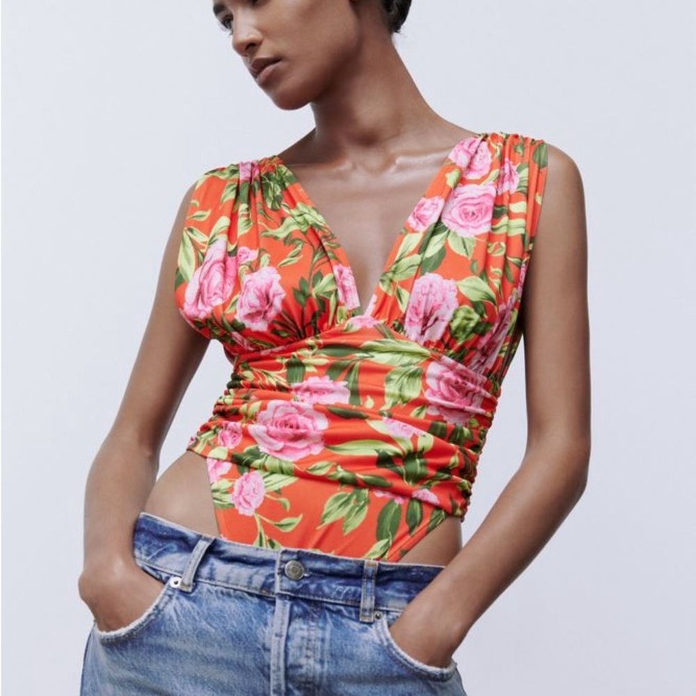 Zara Printed Draped Red Floral Sleeveless Bodysuit